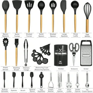 Silicone Kitchen Utensils Set Modern Cooking Utensil Set 34 PCS Black Heat Resistant Silicone Wooden Handles With Holder Nonstick Cooking Spatula Set For Cooking Baking Kitchen Gadgets Tools Set Housewarming Gift
