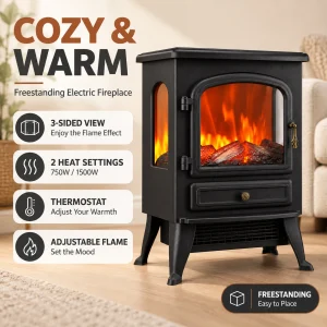 Freestanding Electric Fireplace with Three Sided Glass