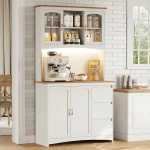 71 Inch Farmhouse Kitchen Pantry Cabinet With LED Lights