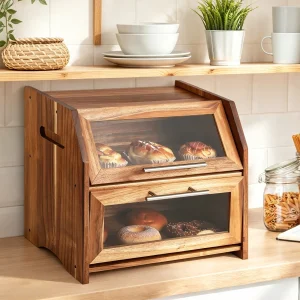 Acacia Wood Double Layer Bread Box With Clear Acrylic Doors, Ventilated Countertop Bread Storage Organizer For Bagels Pastries Kitchen